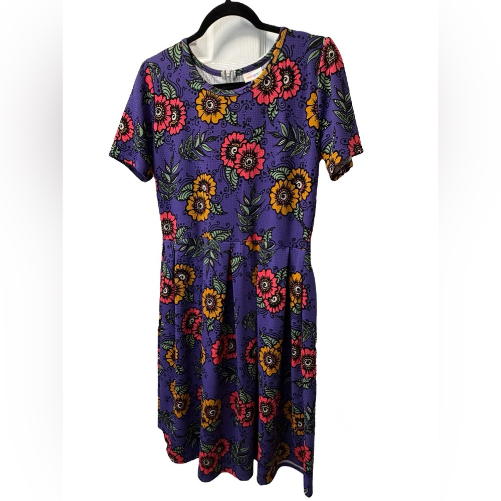 LuLaRoe Purple Dress with Pink and Yellow Floral Design